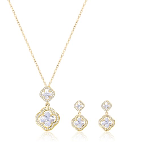 14K Gold Plated | 14K Platinum Plated Necklace for Women Necklace Earrings Set with Sparkling Zircon Inlay and Silver Post Earrings - color: Double floral necklace set silver