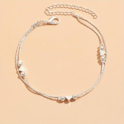 Fesciory Women Heart Anklet Adjustable Beach Layered Ankle Bracelets for Women Gold Alloy Foot Chain Jewelry - color: 3 Hearts(Silver)