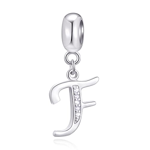 26 Letter Pendant Charms, Polished 925 Sterling Silver Complete Initial A-Z Dangling CZ Stone Alphabet Beads, fits European Bracelet Necklace, Gift for Mother/Father/Daughter/Son/Sister/Aunt - color: Letter F CZ Pendant Charm