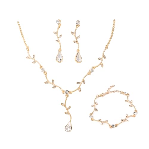 Hapibuy Crystal Bridal Wedding Jewelry Necklace Earrings Bracelet Set Rhinestone Choker Necklace For Brides Bridesmaid Women Party Acessory - color: Gold