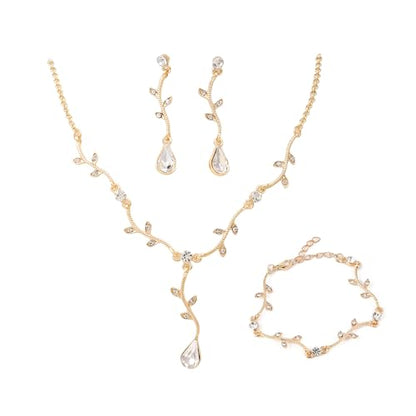 Hapibuy Crystal Bridal Wedding Jewelry Necklace Earrings Bracelet Set Rhinestone Choker Necklace For Brides Bridesmaid Women Party Acessory - color: Gold