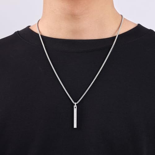 Fiusem Pendant Necklace for Men, Stainless Steel Bar Chain | Silver Tone/14k Gold Plated/Black Mens Pendant Necklaces with 2.5mm Box Chain, Jewelry Gifts 18-28 Inch - color: silver, size: 18 Inches, style: Clasp Diamond Rectangle