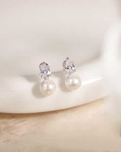 Pearl Earrings for Women Trendy Dainty Wedding Earring 14K Gold Plated/Silver Plated Dainty Cute Drop Dangle Pearl Earrings Studs Hypoallergenic CZ Diamond Wedding Earrings for Brides Prom Jewelry Gift for Women - color: 06.Silver drop