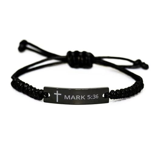 Personalized Christian Bible Verses Black Rope Bracelet Inspirational Scripture ID Cross Religious Quote Faith God Engraved Adjustable Customized Gifts for Men Women Kiss Him Husband Father Bois - style: Cross+Mark 5:36