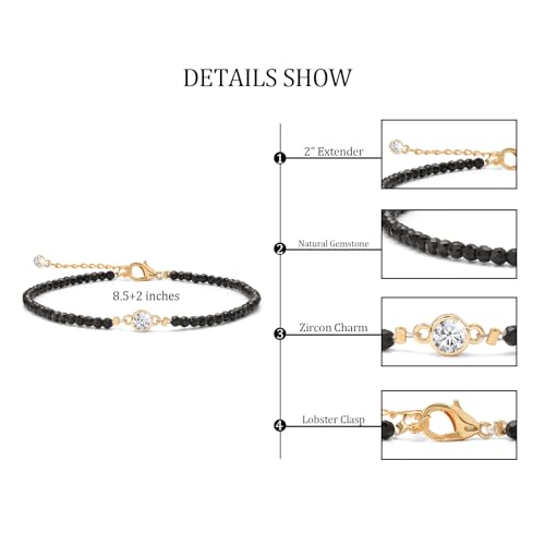 Raicegs Anklets for Women Handmade Beach Boho Ankle Bracelet 3mm Natural Stone Beaded Ankle Bracelet 14K Gold Plated Zircon Pendant Adjustable Crystal Gemstone Anklet Jewelry Gift for Her - color: Obsidian