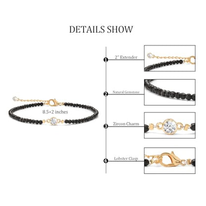 Raicegs Anklets for Women Handmade Beach Boho Ankle Bracelet 3mm Natural Stone Beaded Ankle Bracelet 14K Gold Plated Zircon Pendant Adjustable Crystal Gemstone Anklet Jewelry Gift for Her - color: Obsidian
