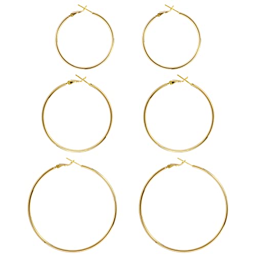 DAILY VIBES Simple Big Thin Hoop Earrings for Women Trendy, 3 Pairs | 925 Sterling Silver Post Large Hoops, 14K Gold or Silver Plated Loop, Hypoallergenic Hoop Earrings Set - color: Gold, size: 50-60-70mm