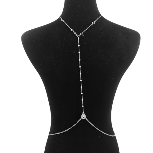 Rhinestone Back Chain Necklace,Crystal Drop BackDrop Jewelry,Wedding Bridal Long Pearl Back Necklace Jewelry for Women Backless Dress - color: Silver