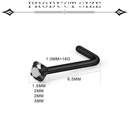 Black Nose Ring Surgical Steel Nose Rings Studs 22G 20G 18G L Shaped Nostril Piercings Cubic Zirconia Nostril Piercing Jewelry for Women Men 16Pcs 1.5mm 2mm 2.5mm 3mm Top - color: 18g,16pcs,L shaped nose studs
