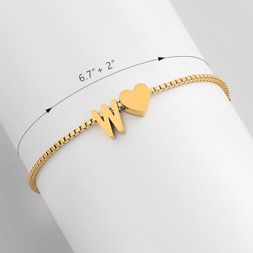 Gold Initial Bracelet for Women Dainty Personalized Name Bracelet | 14K Gold Plated, Letter A-Z Bracelet, Tiny Gold Initial Cute Heart Bracelet Jewelry Gift - color: W