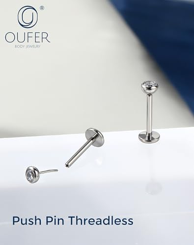OUFER 2Pcs 20G/18G/16G G23 Titanium Threadless Nose Stud Earrings Flat Back Tiny CZ Small Nose Helix Cartilage Tragus Conch Labret Medusa Monroe Piercing Jewelry for Women Men - color: Silver, size: 2pcs, 16g 4.5mm, 3mm cz