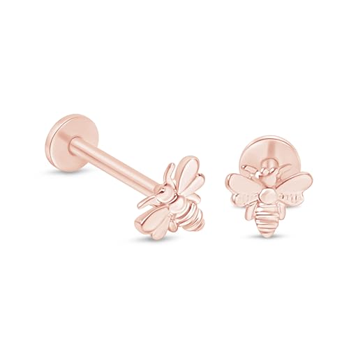 14K Solid Gold Cute Bumblebee Flat Back Stud Earring Internally Threaded Cartilage Earring for Helix, Tragus & Lobe Nose Ring Hypoallergenic Comfy Minimalist Stud Earring SINGLE or PAIR - color: B - Rose Gold - Pair, size: Post Length: 6.5mm