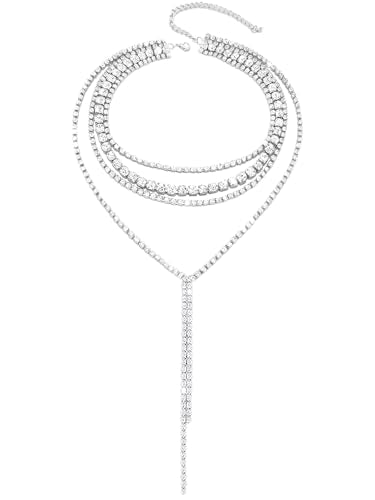 Layered Wedding Choker Rhinestone Necklace Sparkly Long Crystal Neck Chain for Women - color: Silver