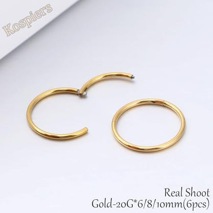Nose Rings 20G 18G 16G 316L Surgical Steel Hinged Clicker Segment Nose Hoop Helix Cartilage Daith Tragus Sleeper Earrings Body Lip Piercing Jewelry for Women Men 6mm 7mm 8mm 10mm 12mm - style: 05:Gold-20G*6/8/10mm(6pcs)