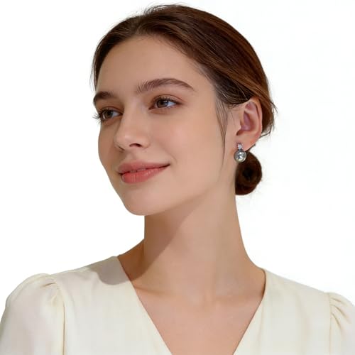 Faux Pearl Cubic Zirconia Stud Earrings, Hypoallergenic Lightweight Round Pearl Studs for Women - color: Blueish Silver, size: Pearl 12mm-CZ 3mm