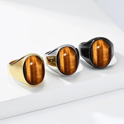 PAURO Men's Stainless Steel Oval Gemstone Signet Rings Minimalist Polish Plain Wedding Band - color: Black Plated Brown