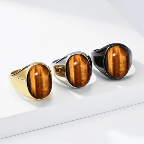 PAURO Men's Stainless Steel Oval Gemstone Signet Rings Minimalist Polish Plain Wedding Band - color: Gold Plated Brown