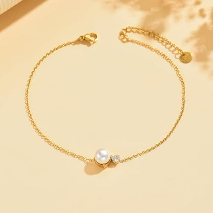 NONAMOIS 18K Gold Plated Diamond Ankle Bracelets for Women Waterproof Gold CZ Pearl Bow Link Chain Anklets Non Tarnish Summer Beach Foot Jewelry Gifts - color: CZ Pearl-Gold