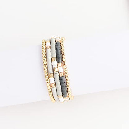 GOOJIDS Surfer Heishi Clay Bead Bracelets for Women Bohemian Stackable Gold Plated Beaded Stretch Bracelets Elastic Layering Friendship Bracelets Set Boho Jewelry - color: B-Grey Surfer Color &Gold Bead