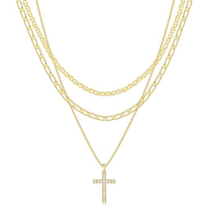 MFRYK Gold/Silver Necklaces Stack For Women,14K Gold/Sterling Silver Plated Simple Layered Choker Necklaces For Women,Stackable Multilayer Pearl Cross Disc Circle Pendant Cuban Herringbone Snake Paperclip Chain Necklaces Set Jewelry Gift for Women - style