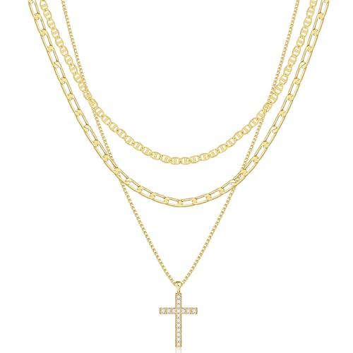 MFRYK Gold/Silver Necklaces Stack For Women,14K Gold/Sterling Silver Plated Simple Layered Choker Necklaces For Women,Stackable Multilayer Pearl Cross Disc Circle Pendant Cuban Herringbone Snake Paperclip Chain Necklaces Set Jewelry Gift for Women - style