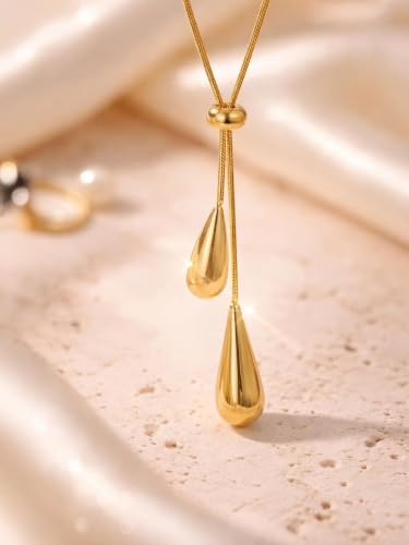 Gold Double Teardrop Lariat Necklace, Drop Style Chain | Adjustable Length, Dual Pendant Drop, Polished Finish, Y-Style Lariat, Women's Jewelry