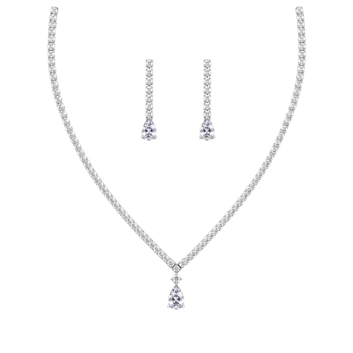 Silver Rhinestone Necklace and Earring Set for Women – Bridal Wedding Jewelry Set, Bridesmaid Accessories, Prom and Formal Costume Jewelry - color: White