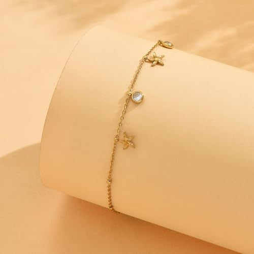 18K Gold Plated Waterproof Summer Beach Ankle Bracelets for Women | Starfish Sea Shell Pearls CZ Diamond Dangle Anklets - style: Starfish CZ Drop-Gold