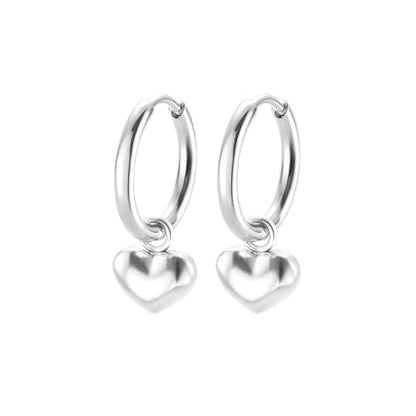 Women's Huggie Hoop Earrings with Small Cute Charm - style: Silver Puff Heart