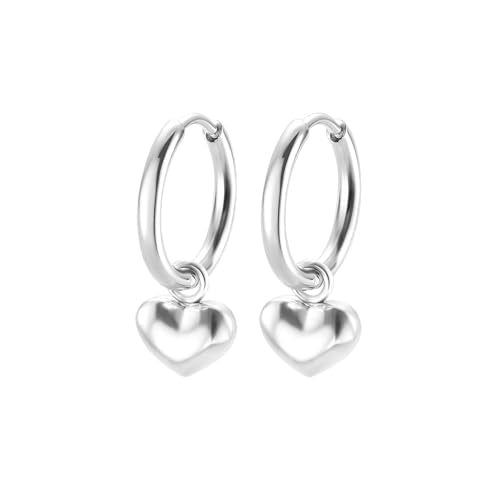 Women's Huggie Hoop Earrings with Small Cute Charm - style: Silver Puff Heart