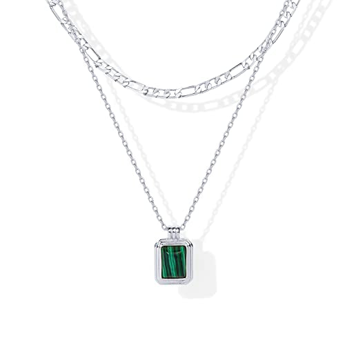 PAVOI 14K Gold Plated Layered Necklaces for Women | Gemstone Pendant Figaro Chain Necklace | Carnelian, Green Aventurine, Malachite Layering Necklace - color: White Gold, style: Malachite