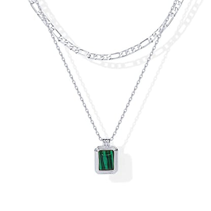 PAVOI 14K Gold Plated Layered Necklaces for Women | Gemstone Pendant Figaro Chain Necklace | Carnelian, Green Aventurine, Malachite Layering Necklace - color: White Gold, style: Malachite