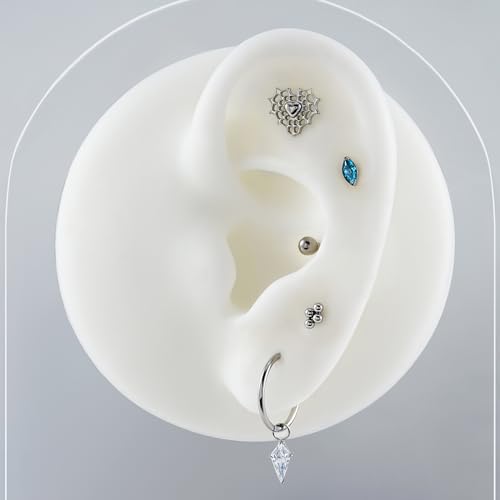 1PC Tragus Conch Helix Flat Labret Piercing Jewelry 16G 6mm 8mm - ASTM F136 Titanium Cartilage Earring Flatback Stud, Implant Grade Internally Threaded Hypoallergenic Body Jewelry (Clear CZ) - color: Blue Marquise CZ - Tit