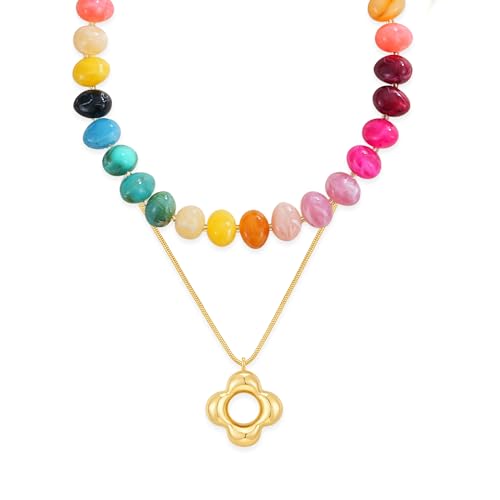 YUJIE Chunky Heart Pendant Necklace for Women- Exaggerated Statement Puff Heart Necklace with Acrylic Beaded Chain - color: B-Multi colour