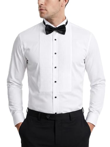FAHIZO Men's White Tuxedo Shirt with Wing Collar, French Cuffs & Accessories - color: Bow Tie/White-a, size: Medium