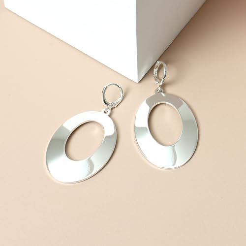 Dangle Hoop Earrings for Women,14k Gold/Silver Plated Geometric Hoops Earrings with High Polished Surface,Hypoallergenic Huggie Drop & Dangle earrings for Women - color: Oval-Silver