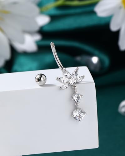 Dangle Lotus Belly Button Rings 14G Dangle Belly Navel Rings for Women Flower Belly Button Piercing - color: WG-10MM