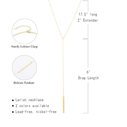 S.J JEWELRY Womens Handmade CZ Simple Delicate 14K Gold Plated/Rose Gold Plated/Silver Plated Lariat Simple Baton Adjustable Y Necklace - color: Y-1-Baton