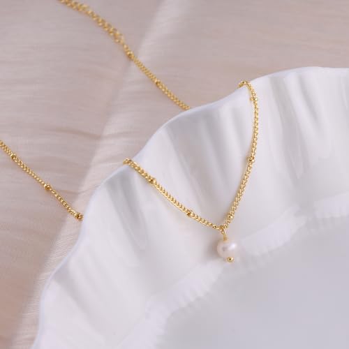 Pearl Necklaces for Women, Dainty Gold Necklace 14K Gold Plated Charm CZ Pearl Pendant Necklace Simple Gold Pearl Choker Necklaces for Women Trendy Wedding Womens Jewelry - color: satellite pearl necklace-gold