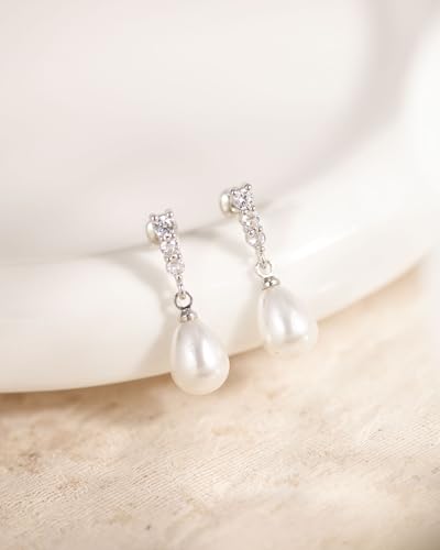 Pearl Earrings for Women Trendy Dainty Wedding Earring 14K Gold Plated/Silver Plated Dainty Cute Drop Dangle Pearl Earrings Studs Hypoallergenic CZ Diamond Wedding Earrings for Brides Prom Jewelry Gift for Women - color: 07.Silver long