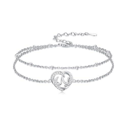 Dorunmo Initial Anklet 925 Sterling Silver Letter A-Z Layered Heart Anklet Beach Jewelry Birthday Gifts for Women - color: N