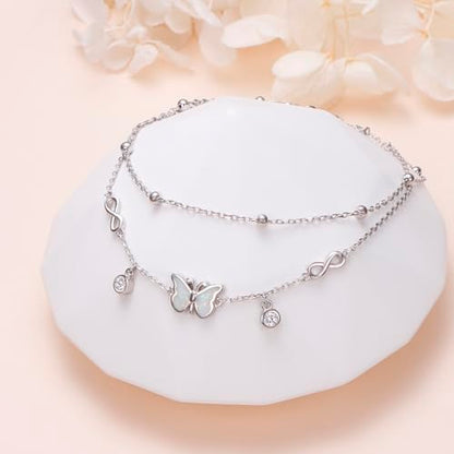 Anklets for Women 925 Sterling Silver Blue Evil Eye Infinity Butterfly Adjustable Multilayer Layered Summer Beach Ankle Bracelet Foot Chain Jewelry for Women - style: Infinity & Butterfly