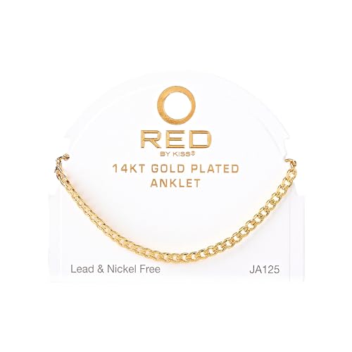 Red by Kiss 14K Gold Plated Glam Fashion Anklet, Hypoallergenic Cuff Link, Adjustable Strap, Lead & Nickel Free for Sensitive Skin - color: Curb 4MM