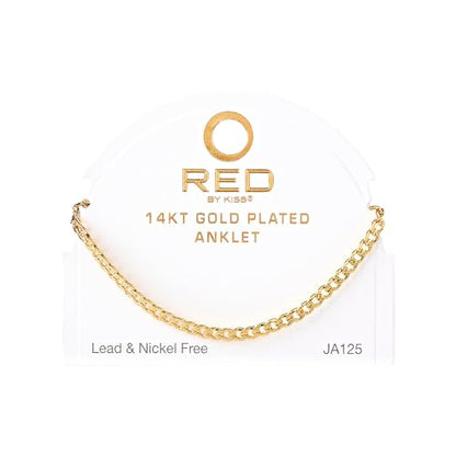 Red by Kiss 14K Gold Plated Glam Fashion Anklet, Hypoallergenic Cuff Link, Adjustable Strap, Lead & Nickel Free for Sensitive Skin - color: Curb 4MM