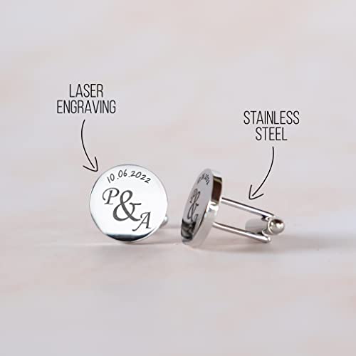 Custom engraved cufflinks for men, personalized wedding gift for groom, father of the bride & groom dad, best men, customized gold & silver cufflinks with dates, quotes or couples initials from bride - style: Initials and date