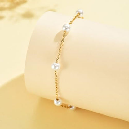 18K Gold Plated Pearl Beaded Cross Bracelets for Women Adjustable Stainless Steel Dainty Thin Gold Box Cuban Twisted Link Chain Bracelet Bridesmaid Jewelry Gifts - color: Multi Pearls-Gold
