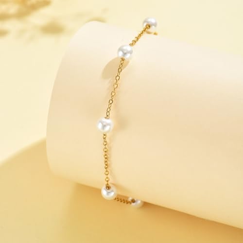 18K Gold Plated Pearl Beaded Cross Bracelets for Women Adjustable | Stainless Steel Dainty Thin Gold Box Cuban Twisted Link Chain Bracelet Bridesmaid Jewelry Gifts for Birthday, Anniversary - color: Multi Pearls-Gold