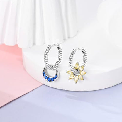 14k Gold Plated Star Moon Sun Huggies Hoops Earrings for Woman | 925 Sterling Silver Cubic Zirconia Twisted Cross Hoop Post Chunky Small Tiny cuff Earring Gift for Her - color: star moon snack earring