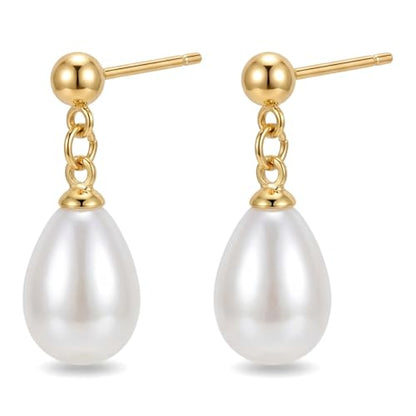 Hypoallergenic Pearl Earrings Set for Women | S925 Sterling Silver & Stainless Steel, Daisy Heart & Hook & Teardrop Dangle & Huggie Hoop, Simulated Pearl, Sensitive Ears - color: Yellow Gold Teardrop pearl