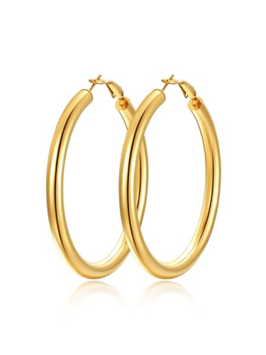 FindChic Hoop Earrings for Women, Silver/Black/14K Gold Plated Hypoallergenic Hollow Round Tube Loop Earrings, 20mm/30mm/40mm/60mm/80mm Chunky Hoops with Custom Name Options & Gift Box - color: c.Gold, size: 60MM